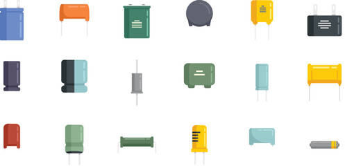 Capacitor icons set flat vector. Polyester ceramic capacitor. Bipolar condeser isolated