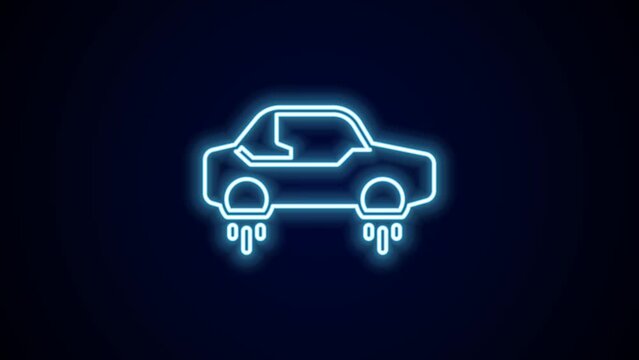 Glowing neon line Fantastic flying car icon isolated on black background. Hover car future technology future transport. 4K Video motion graphic animation