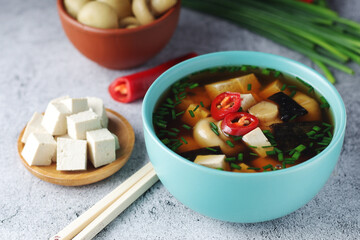A bowl with miso soup, traditional Japanese dish