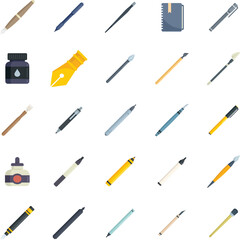 Calligraphy tools icons set flat vector. Paint nib. Lettering kit isolated