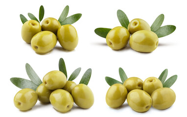 Collection of delicious green olives with leaves, isolated on white background
