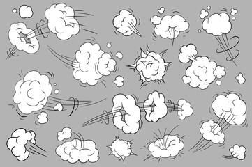 Fototapeta premium Motion effects in cartoon style set isolated elements. Bundle of cloud movement effects in comic style with lines to express energy, fast moving or throwing trails. Illustration in flat design