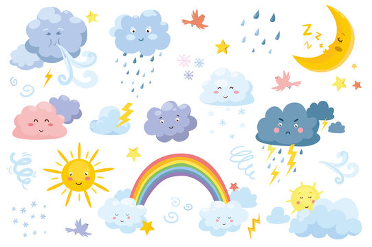 Cute weather symbols in cartoon style set isolated elements. Bundle of rainy clouds, sleeping crescent moon, fluffy cloudiness, rainbow, sun with face emotions. Illustration in flat design