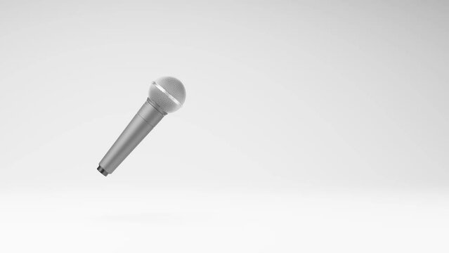 One Microphone Spinning on a Studio Light Gray Background, Seamless Loop 3D Animation with Copy Space