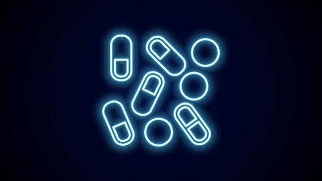 Glowing neon line Medical pill bottle biohacking icon isolated on black background. Pharmacy biohacking. 4K Video motion graphic animation