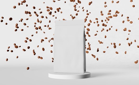 White pouch bag falling coffee beans podium 3D rendering. Merchandise discount packaging logo shop design promo sale.