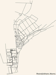 Detailed navigation black lines urban street roads map of the RHEINDÜRKHEIM QUARTER of the German town of WORMS, Germany on vintage beige background