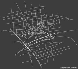 Detailed negative navigation white lines urban street roads map of the ABENHEIM QUARTER of the German town of WORMS, Germany on dark gray background