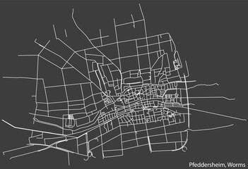 Detailed negative navigation white lines urban street roads map of the PFEDDERSHEIM QUARTER of the German town of WORMS, Germany on dark gray background