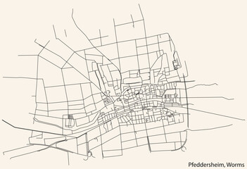 Detailed navigation black lines urban street roads map of the PFEDDERSHEIM QUARTER of the German town of WORMS, Germany on vintage beige background