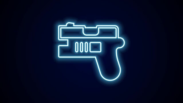 Glowing neon line Futuristic space gun blaster icon isolated on black background. Laser Handgun. Alien Weapon. 4K Video motion graphic animation