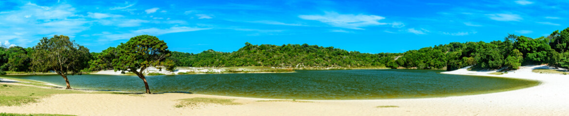Fototapeta na wymiar Abaete Lagoon in Salvador, Bahia with its dark waters and surrounded by white sand dunes