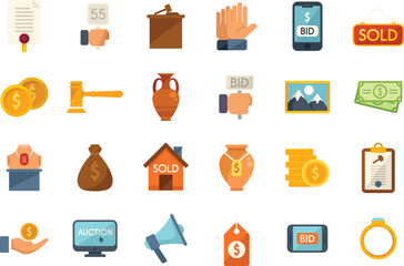 Auction icons set flat vector. Online charity. Internet property isolated