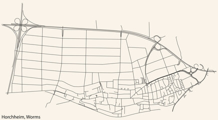 Detailed navigation black lines urban street roads map of the HORCHHEIM QUARTER of the German town of WORMS, Germany on vintage beige background