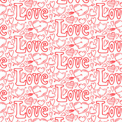 Seamless pattern with lettering love and hearts isolated on white background