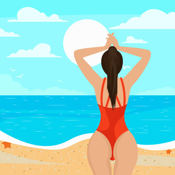 Girl on the beach sunbathing, vector illustration