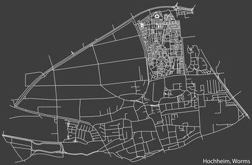 Detailed negative navigation white lines urban street roads map of the HOCHHEIM QUARTER of the German town of WORMS, Germany on dark gray background