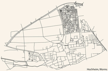 Detailed navigation black lines urban street roads map of the HOCHHEIM QUARTER of the German town of WORMS, Germany on vintage beige background