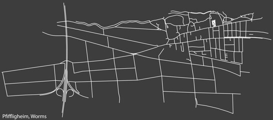 Detailed negative navigation white lines urban street roads map of the PFIFFLIGHEIM QUARTER of the German town of WORMS, Germany on dark gray background