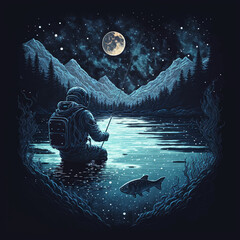 Illustration of astronaut fishing in lake. Dark background with moon