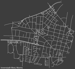 Detailed negative navigation white lines urban street roads map of the INNENSTADT WEST QUARTER of the German town of WORMS, Germany on dark gray background