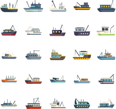 Fishing boat icons set flat vector. Cargo marine. Ocean ship isolated