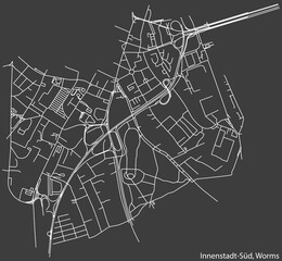 Detailed negative navigation white lines urban street roads map of the INNENSTADT SÜD QUARTER of the German town of WORMS, Germany on dark gray background