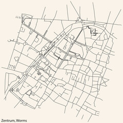 Naklejka premium Detailed navigation black lines urban street roads map of the STADTZENTRUM QUARTER of the German town of WORMS, Germany on vintage beige background