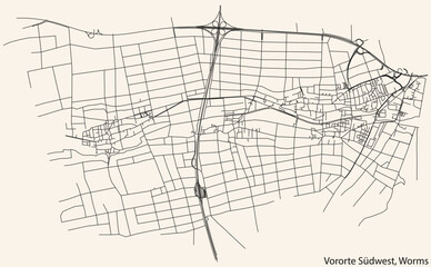 Fototapeta na wymiar Detailed navigation black lines urban street roads map of the STADTBEZIRK VORORTE SÜDWEST DISTRICT of the German town of WORMS, Germany on vintage beige background