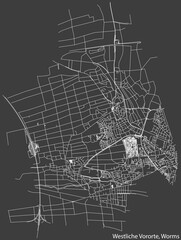 Detailed negative navigation white lines urban street roads map of the STADTBEZIRK  WESTLICHE VORORTE DISTRICT of the German town of WORMS, Germany on dark gray background
