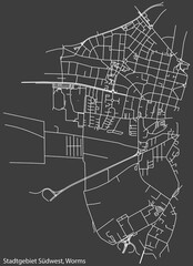 Detailed negative navigation white lines urban street roads map of the STADTGEBIET SÜDWEST DISTRICT of the German town of WORMS, Germany on dark gray background