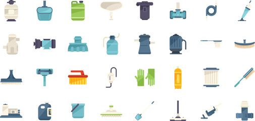 Pool cleaning icons set flat vector. Brush backet. Swimming care isolated
