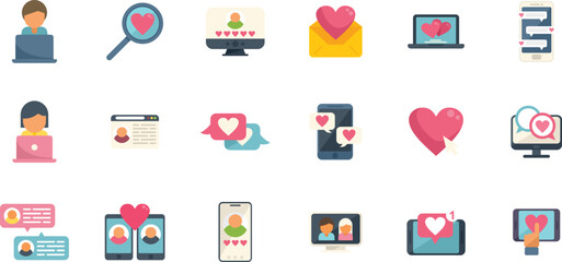Online dating icons set flat vector. Couple dating. Love online isolated