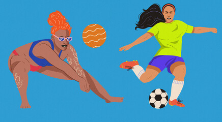 sporty women volleyball soccer orange hair hair blue background