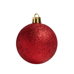 Red glitter Christmas ball isolated on white background.