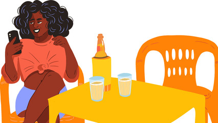 woman texting yellow plastic chair beer transparent background