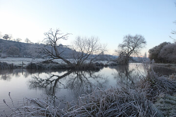 Winter reflections on the River Wey on a cold and frosty day.
