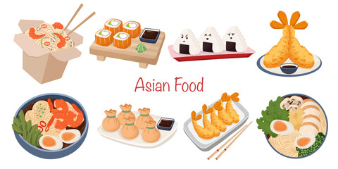 Sushi, dumplings, tempura set. Asian cuisine. Social media banner. Asian japanese cuisine traditional delicious food. Sushi vector illustration