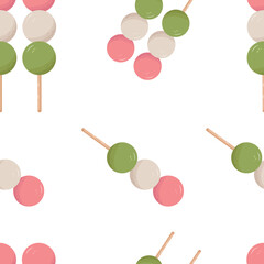 Japanese traditional dessert pattern on white background. Hanami Dango. Japanese Dango dessert with 3 colors pink, white and green. Food pattern for print, textile, wrapping paper, decoration.