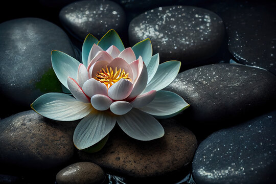 Lotus flower with spa stones, generative ai
