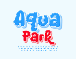 Vector advertising banner Aqua Park with Blue 3D Font. Funny creative Alphabet Letters and Numbers