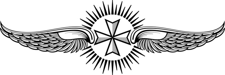 Heraldic winged cross engraving. Religious badge emblem