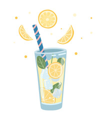 Lemon lemonade with ice. Illustration of a refreshing summer cocktail with lemon and mint.