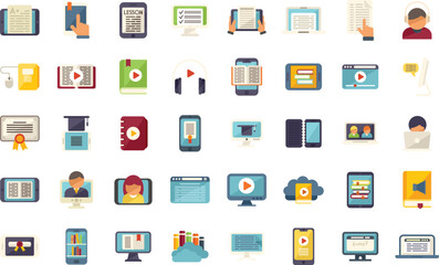 Online training icons set flat vector. Distance course. Class education isolated