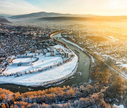 Uzhhorod Ukraine city or town Uzhgorod beautiful aerial panorama winter river Uzh