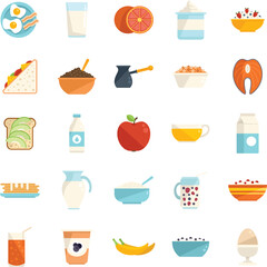 Healthy breakfast icons set flat vector. Protein food. Bread eating isolated