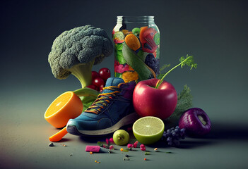 Still life with sports kedamia healthy food. Fruits and vegetables.