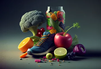 Foto op Plexiglas Still life with sports kedamia healthy food. Fruits and vegetables. © Ivan