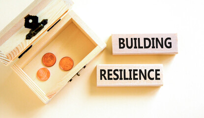 Building resilience symbol. Concept word Building resilience typed on wooden blocks. Beautiful white table white background. Wooden chest with coins. Business building resilience concept. Copy space.