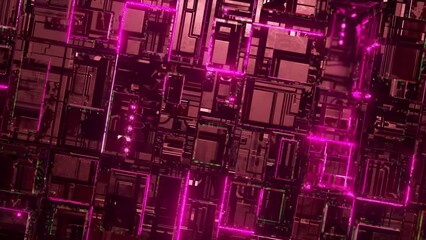 Futurictic technology concept. Dark sci fi looped background. Flight through hi tech digital space or in glass metal tunnel with neon light, blocks. Hi-tech information flow in blockchain or bigdata. - Powered by Adobe